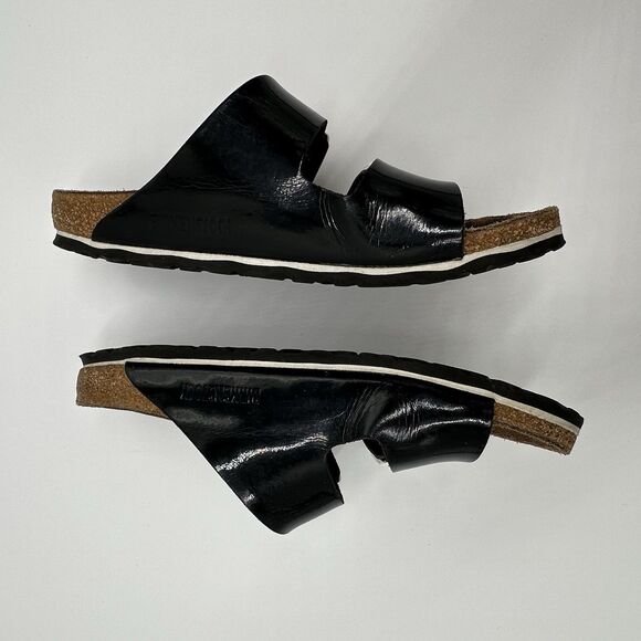 Birkenstock Arizona Patent Leather Black Sandals White Buckle Womens 38 US 7.5 - Picture 9 of 16